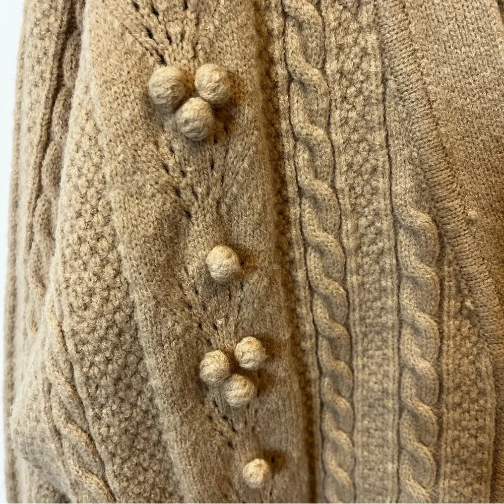 Sandro Ingrid Pom-Pom Cardigan MEDIUM Tan Cable-knit Sweater Pockets VGC - Picture 6 of 14